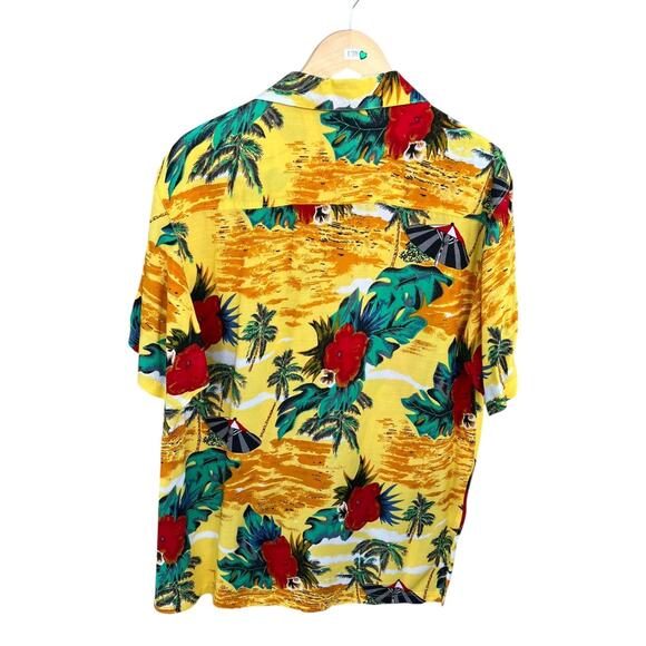 Thums Up Vintage 90s Men's Hawaiian Shirt Bright Yellow Floral Palm Size Medium - Picture 2 of 4
